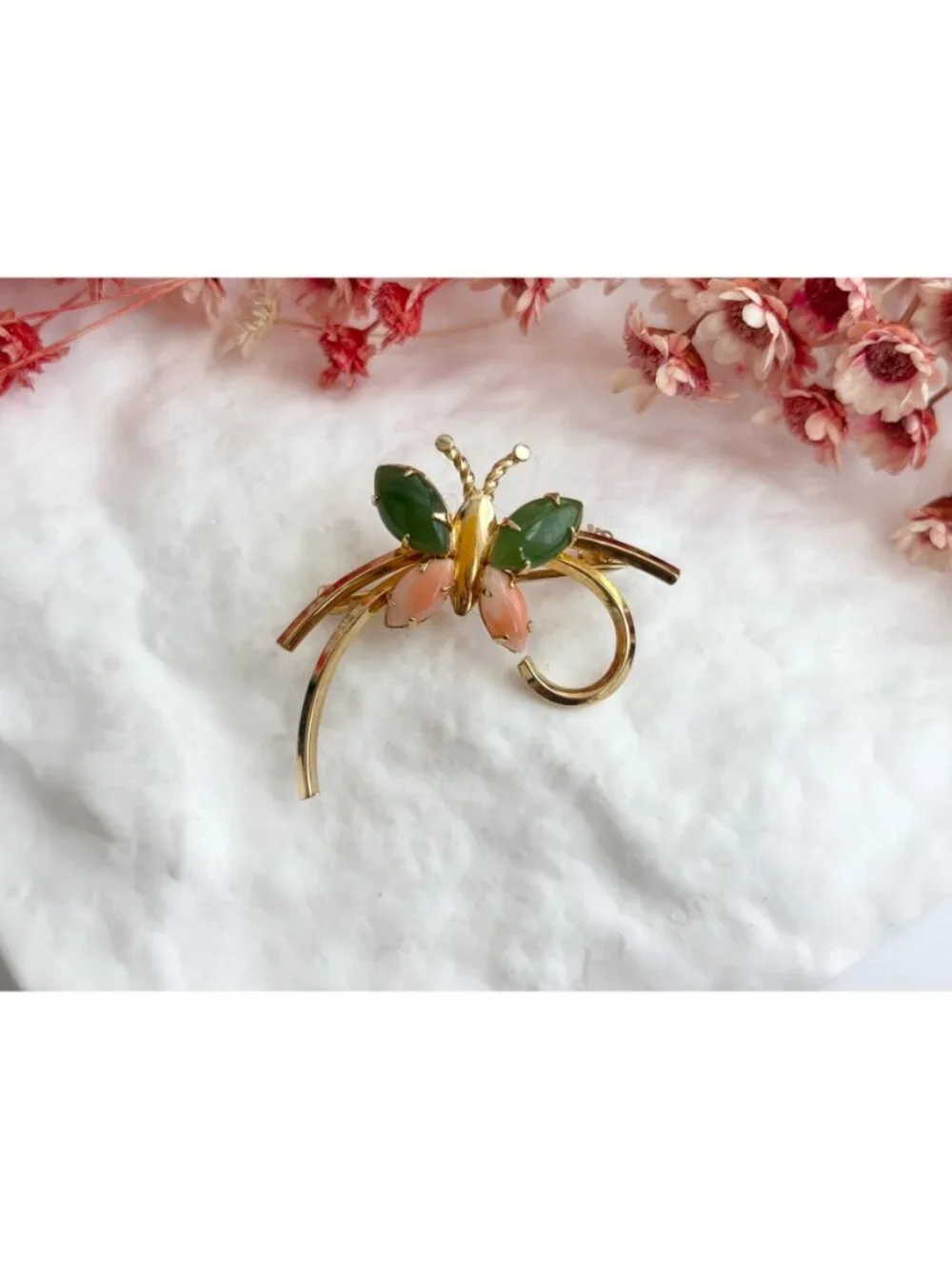 12k Gold Filled Carl Art Butterfly Figural Coral & Jade Vintage Brooch Pin